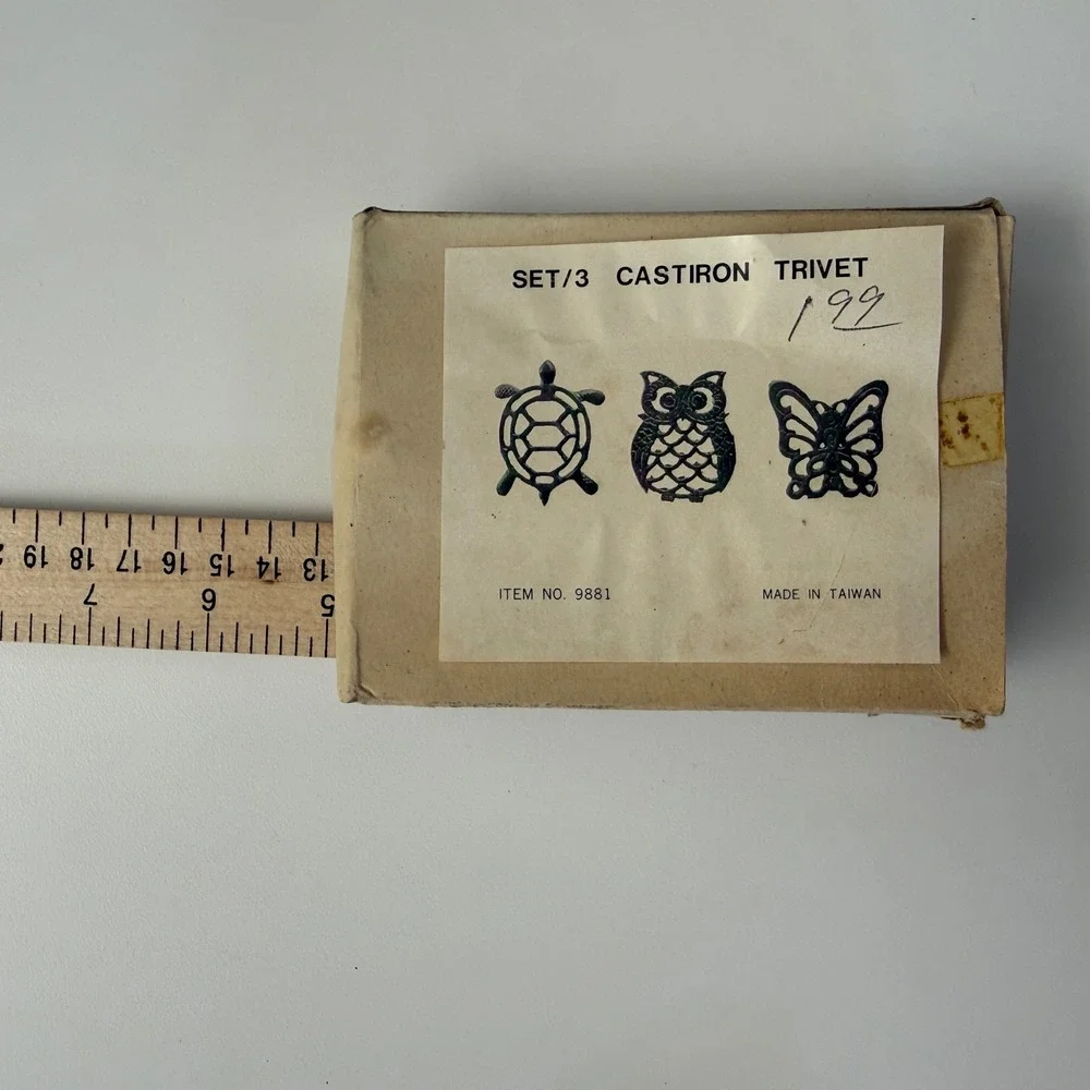 Vintage 1970s Cast Iron Trivet Set – Turtle Owl Butterfly – Made in Taiwan – NOS